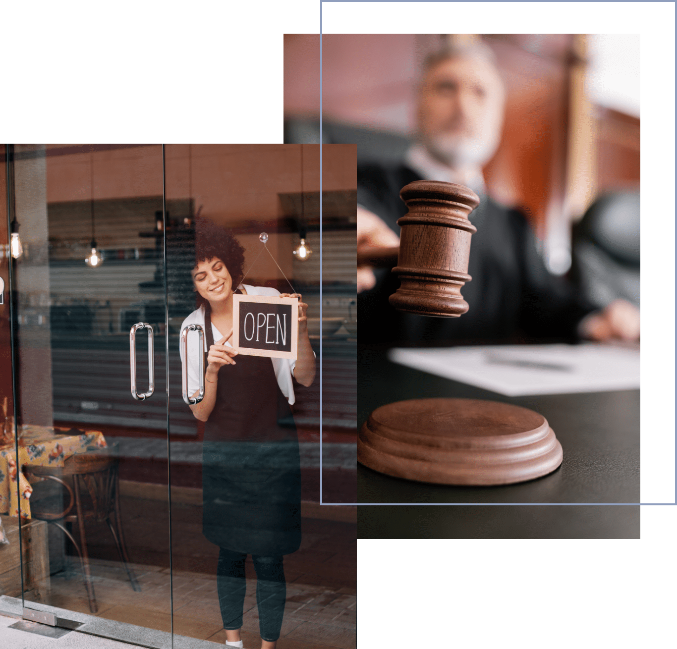Small business owner and a judge with a gravel law concept images
