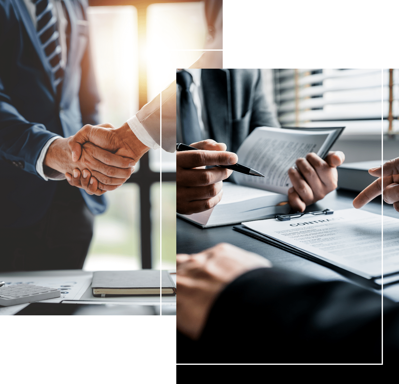 two lawyers shaking hands and discussing a contract for a law client at The Law Offices of Micheal P Dickey